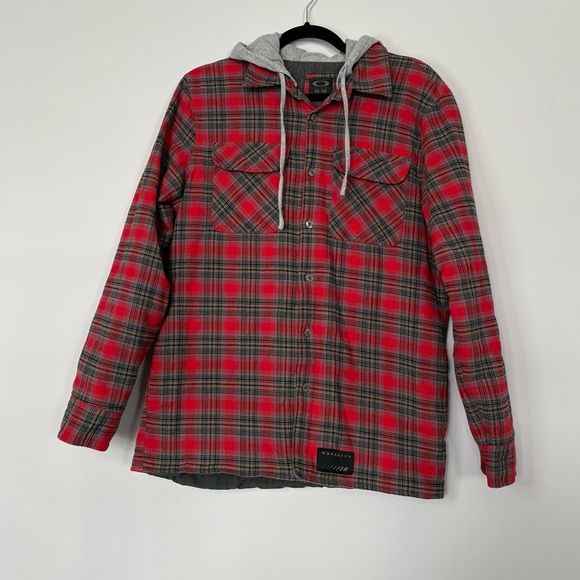 Oakley Other - Oakley Mens Hooded Quilted Red Flannel Shirt Jacket Size M Plaid Patterned